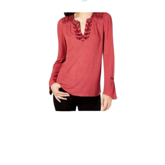 Lucky Brand Embroidered Bell Cuff Sleeve Waffle Knit Top Size 1X - Picture 1 of 12
